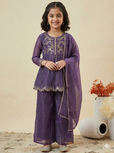 Kids Purple Crunchy Silk Embroidered Palazzo Dupatta Set