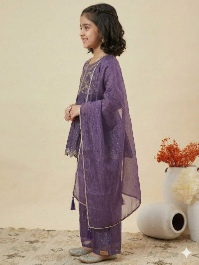 Kids Purple Crunchy Silk Embroidered Palazzo Dupatta Set