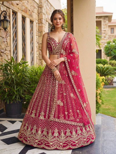 Magenta Silk Lehenga Gold Embroidered Bridal Blouse Dupatta Set