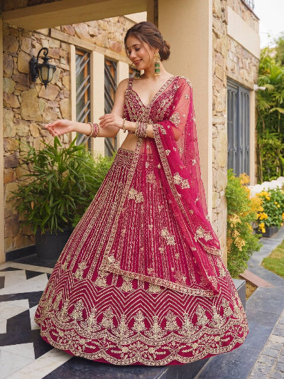 Magenta Silk Lehenga Gold Embroidered Bridal Blouse Dupatta Set