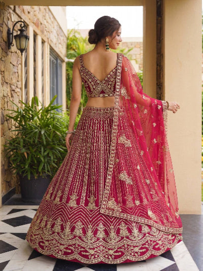 Magenta Silk Lehenga Gold Embroidered Bridal Blouse Dupatta Set