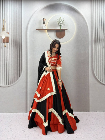 Red and Black Navratri Lehenga Gold Embroidered Blouse Dupatta Set