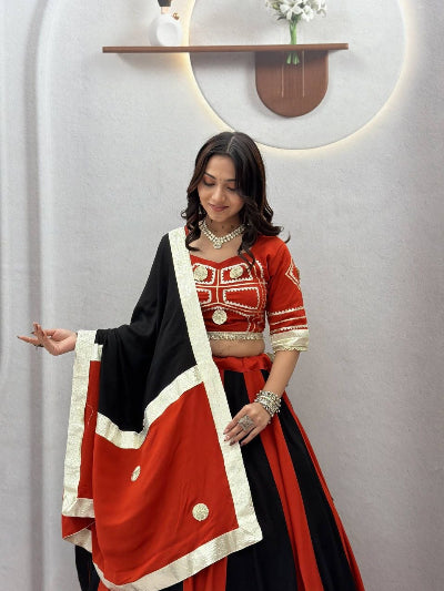 Red and Black Navratri Lehenga Gold Embroidered Blouse Dupatta Set
