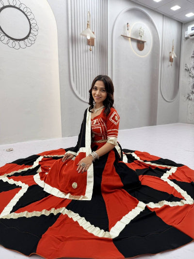 Red and Black Navratri Lehenga Gold Embroidered Blouse Dupatta Set