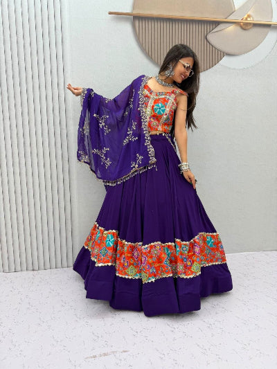 Indigo &amp; Orange Silk Mirror Work Navratri Lehenga Set with Embroidered Dupatta