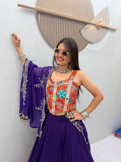 Indigo &amp; Orange Silk Mirror Work Navratri Lehenga Set with Embroidered Dupatta