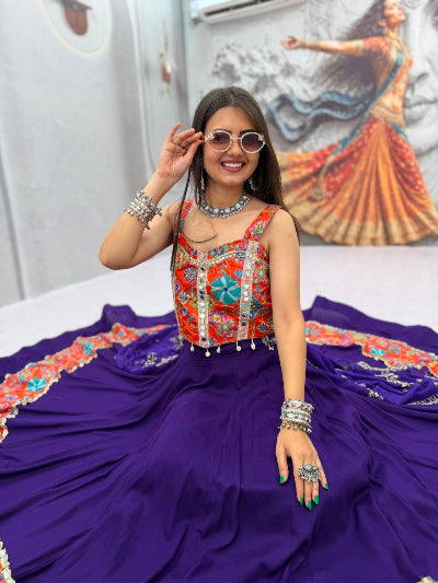 Indigo &amp; Orange Silk Mirror Work Navratri Lehenga Set with Embroidered Dupatta