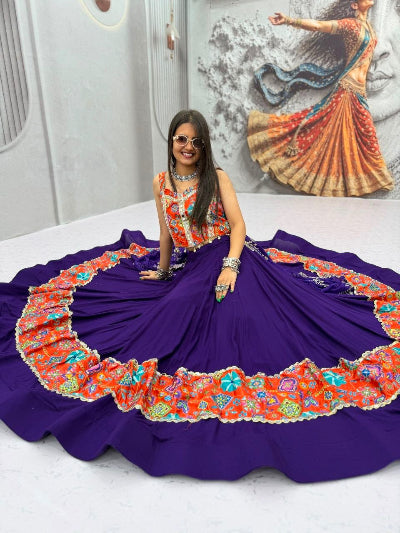 Indigo &amp; Orange Silk Mirror Work Navratri Lehenga Set with Embroidered Dupatta