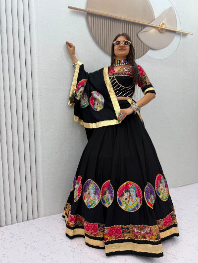 Black Navratri Lehenga Krishna Radha Colorful Embroidered Blouse Dupatta Set
