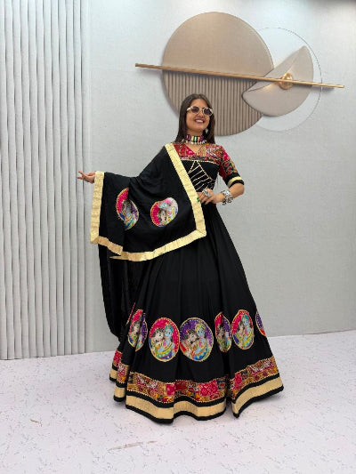 Black Navratri Lehenga Krishna Radha Colorful Embroidered Blouse Dupatta Set