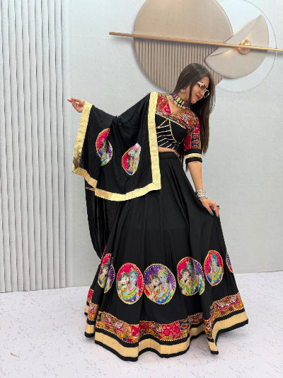 Black Navratri Lehenga Krishna Radha Colorful Embroidered Blouse Dupatta Set