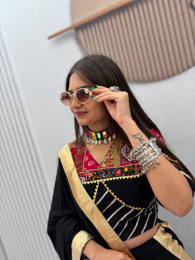 Black Navratri Lehenga Krishna Radha Colorful Embroidered Blouse Dupatta Set