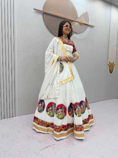 White Navratri Lehenga Krishna Radha Colorful Embroidered Blouse Dupatta Set