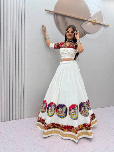 White Navratri Lehenga Krishna Radha Colorful Embroidered Blouse Dupatta Set