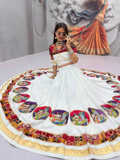 White Navratri Lehenga Krishna Radha Colorful Embroidered Blouse Dupatta Set