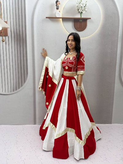 Red and White Navratri Lehenga Embroidered Blouse Dupatta Set