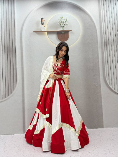 Red and White Navratri Lehenga Embroidered Blouse Dupatta Set