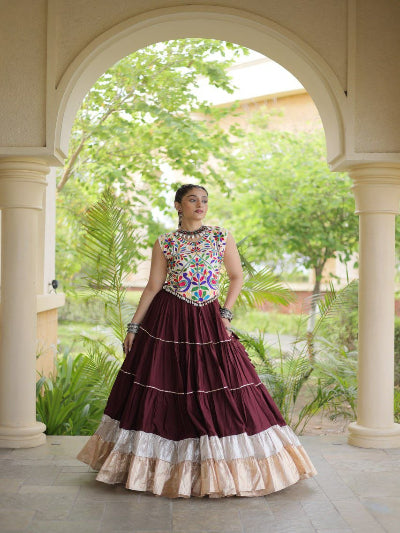 Maroon and White Navratri Lehenga Colorful Embroidered Blouse Set