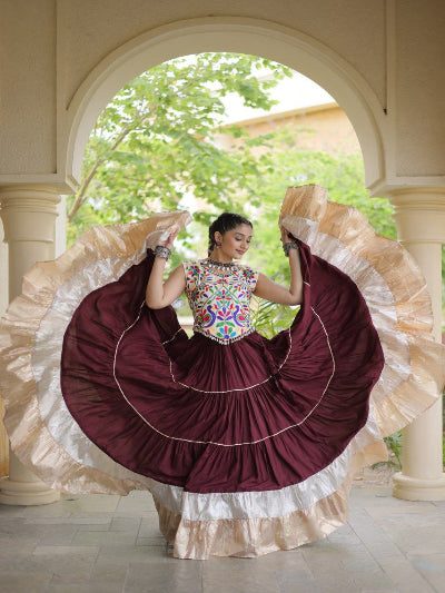 Maroon and White Navratri Lehenga Colorful Embroidered Blouse Set