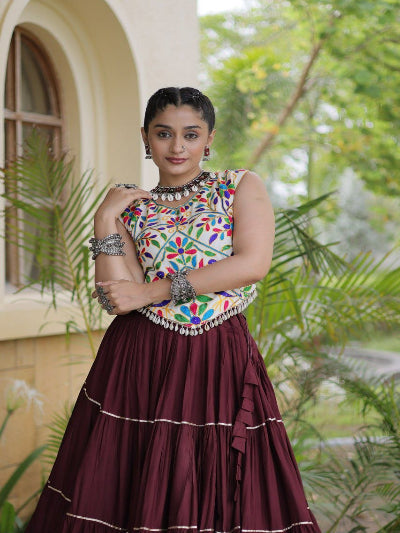 Maroon and White Navratri Lehenga Colorful Embroidered Blouse Set