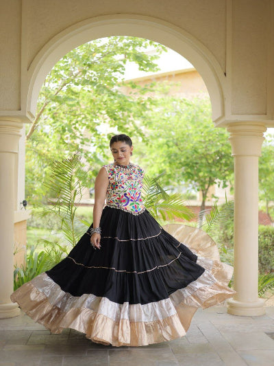 Black and White Navratri Lehenga Colorful Embroidered Blouse Set