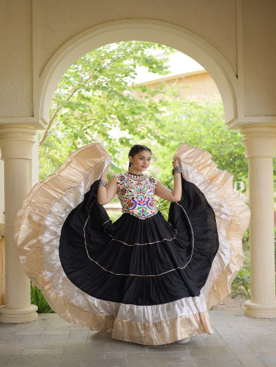 Black and White Navratri Lehenga Colorful Embroidered Blouse Set
