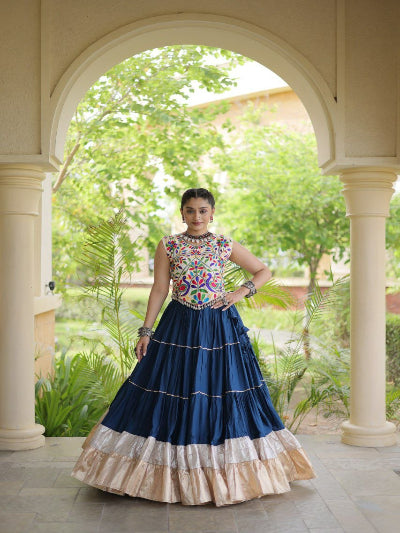 Navy Blue and Beige Navratri Lehenga Colorful Embroidered Blouse Set