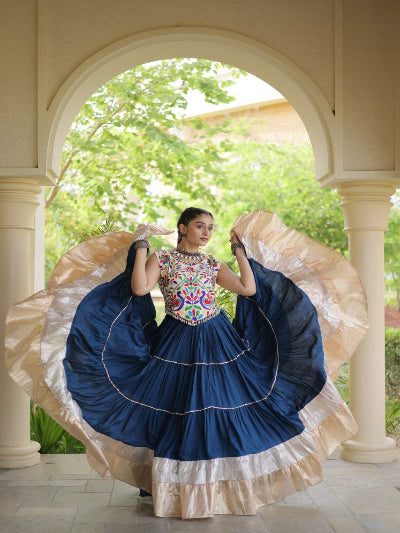 Navy Blue and Beige Navratri Lehenga Colorful Embroidered Blouse Set