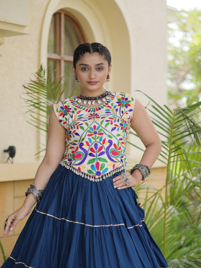 Navy Blue and Beige Navratri Lehenga Colorful Embroidered Blouse Set