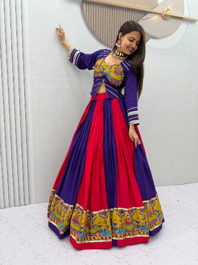 Purple and Red Navratri Lehenga Colorful Embroidered Blouse Dupatta Set