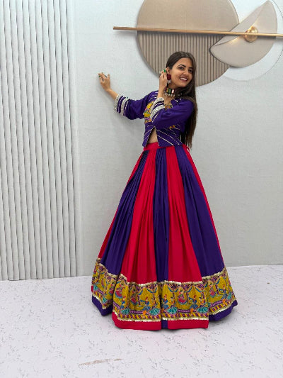 Purple and Red Navratri Lehenga Colorful Embroidered Blouse Dupatta Set