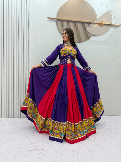 Purple and Red Navratri Lehenga Colorful Embroidered Blouse Dupatta Set