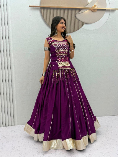 Purple and Gold Navratri Lehenga Pearl Embroidered Blouse Dupatta Set