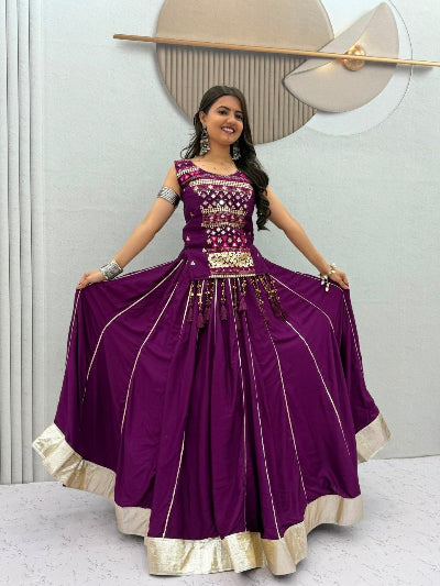Purple and Gold Navratri Lehenga Pearl Embroidered Blouse Dupatta Set