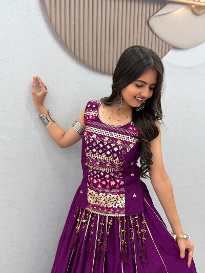 Purple and Gold Navratri Lehenga Pearl Embroidered Blouse Dupatta Set