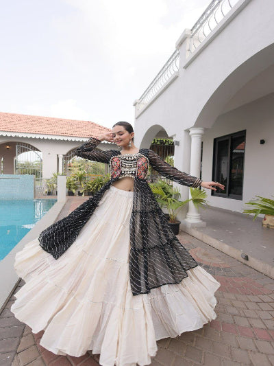 Black and Cream Navratri Lehenga Colorful Embroidered Blouse Dupatta Set