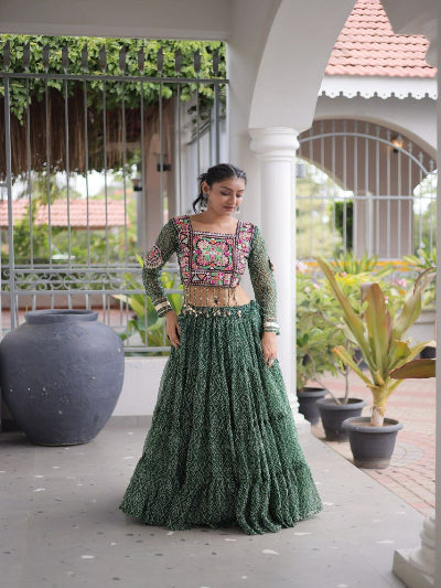 Green and Pink Navratri Lehenga Colorful Embroidered Blouse Dupatta Set