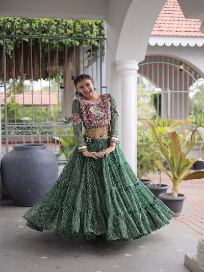 Green and Pink Navratri Lehenga Colorful Embroidered Blouse Dupatta Set