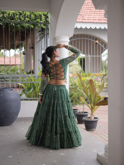 Green and Pink Navratri Lehenga Colorful Embroidered Blouse Dupatta Set