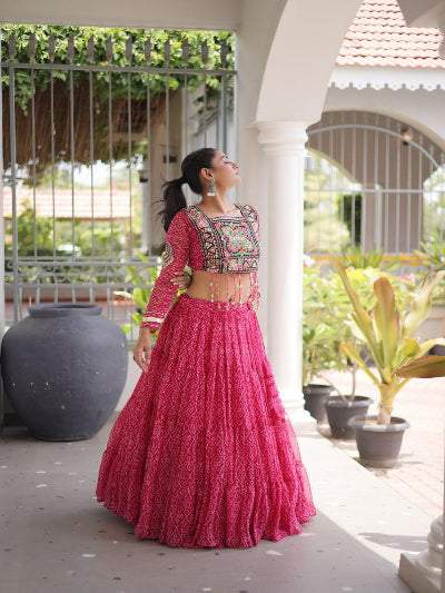 Pink Navratri Lehenga Colorful Embroidered Blouse Dupatta Set