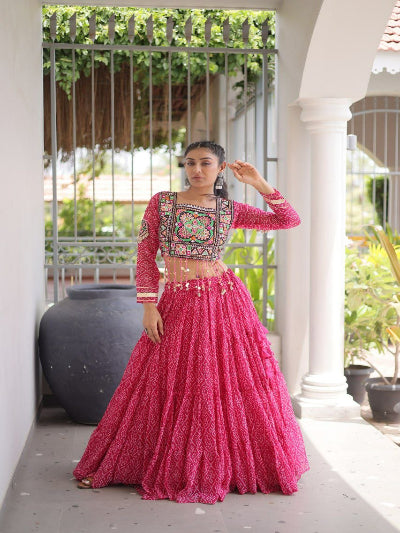 Pink Navratri Lehenga Colorful Embroidered Blouse Dupatta Set