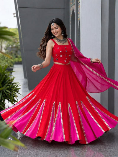 Red and Pink Navratri Lehenga Pearl Embroidered Blouse Dupatta Set