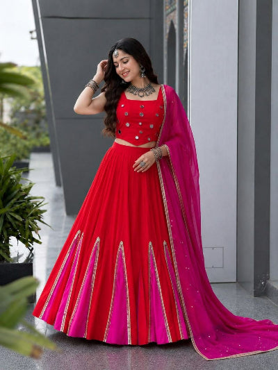 Red and Pink Navratri Lehenga Pearl Embroidered Blouse Dupatta Set