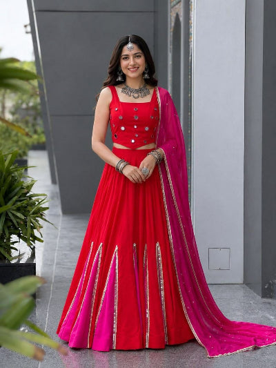 Red and Pink Navratri Lehenga Pearl Embroidered Blouse Dupatta Set