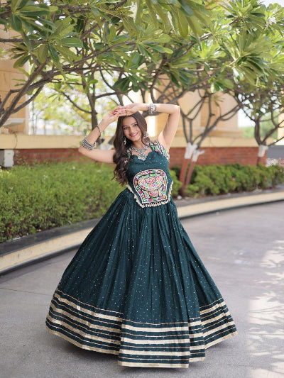 Teal and Gold Navratri Lehenga Colorful Embroidered Blouse Dupatta Set