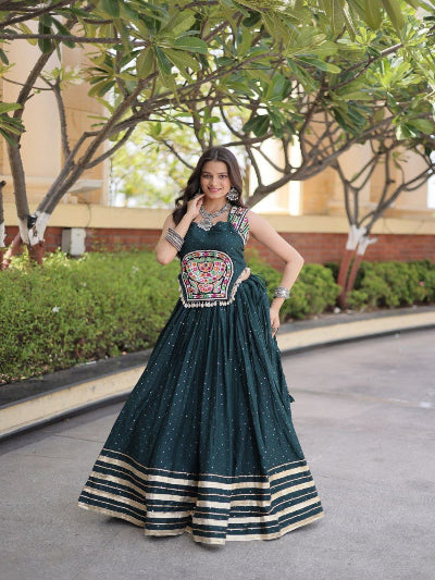 Teal and Gold Navratri Lehenga Colorful Embroidered Blouse Dupatta Set