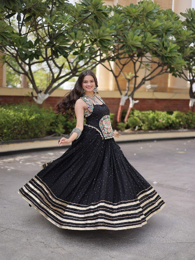 Black and Cream Navratri Lehenga Colorful Embroidered Blouse Dupatta Set
