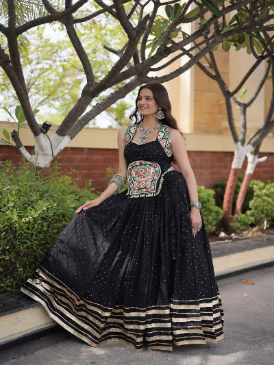 Black and Cream Navratri Lehenga Colorful Embroidered Blouse Dupatta Set