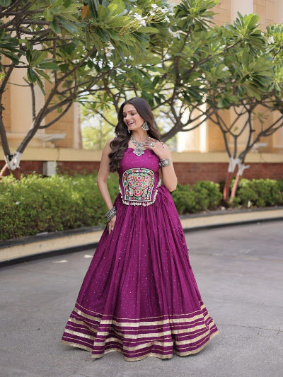Magenta and Gold Navratri Lehenga Colorful Embroidered Blouse Dupatta Set