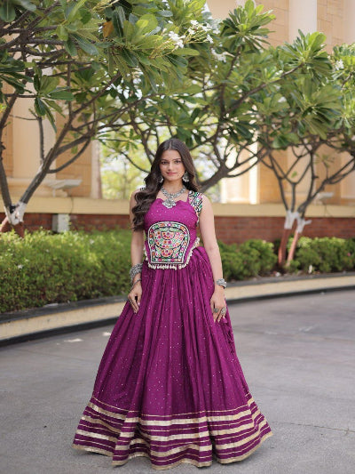 Magenta and Gold Navratri Lehenga Colorful Embroidered Blouse Dupatta Set
